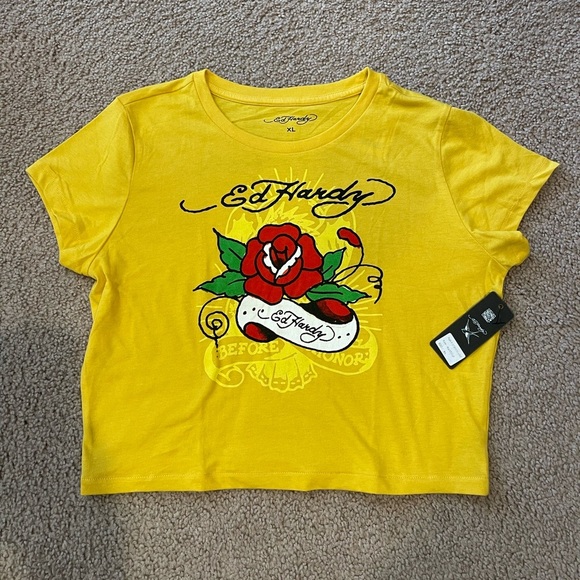 ED HARDY Mustard Yellow Graphic Print Crop Top Tee - Picture 1 of 8